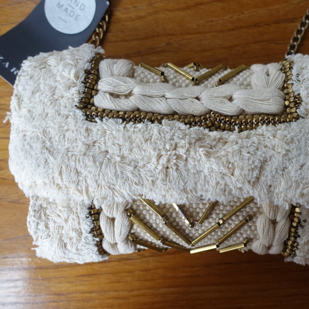 Zara handmade metallic cream cotton chain handbag bag crossbody clutch